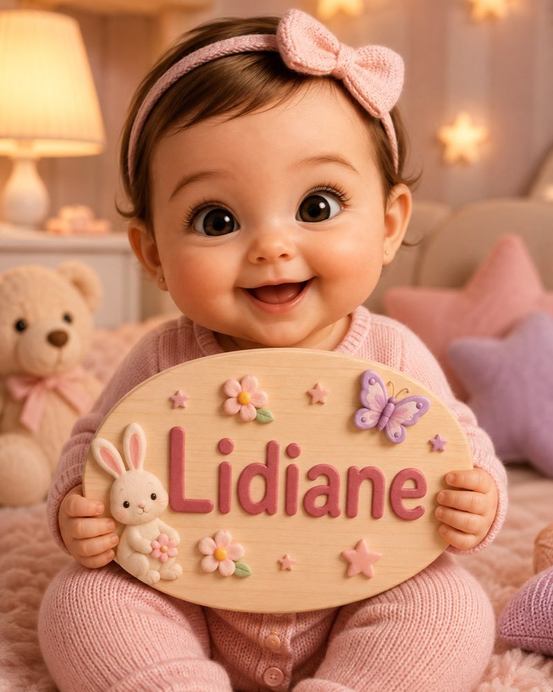 Ilustração de bebê segurando plaquinha com o nome Lidiane