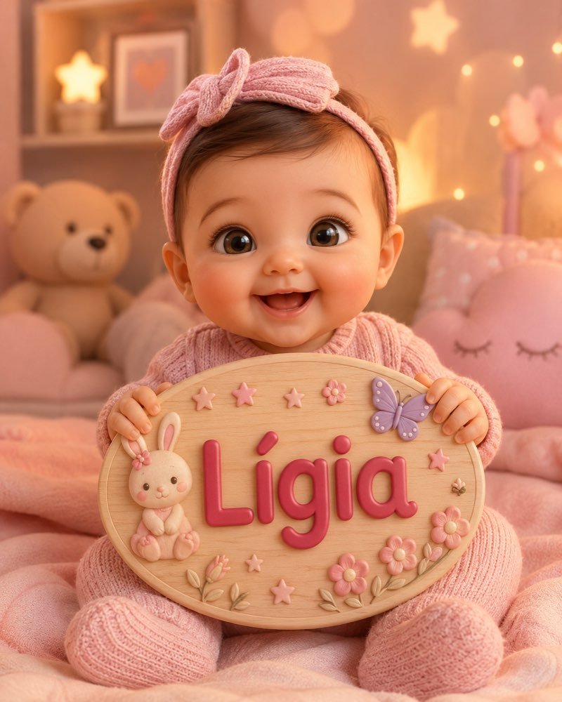 Ilustração de bebê segurando plaquinha com o nome Lígia