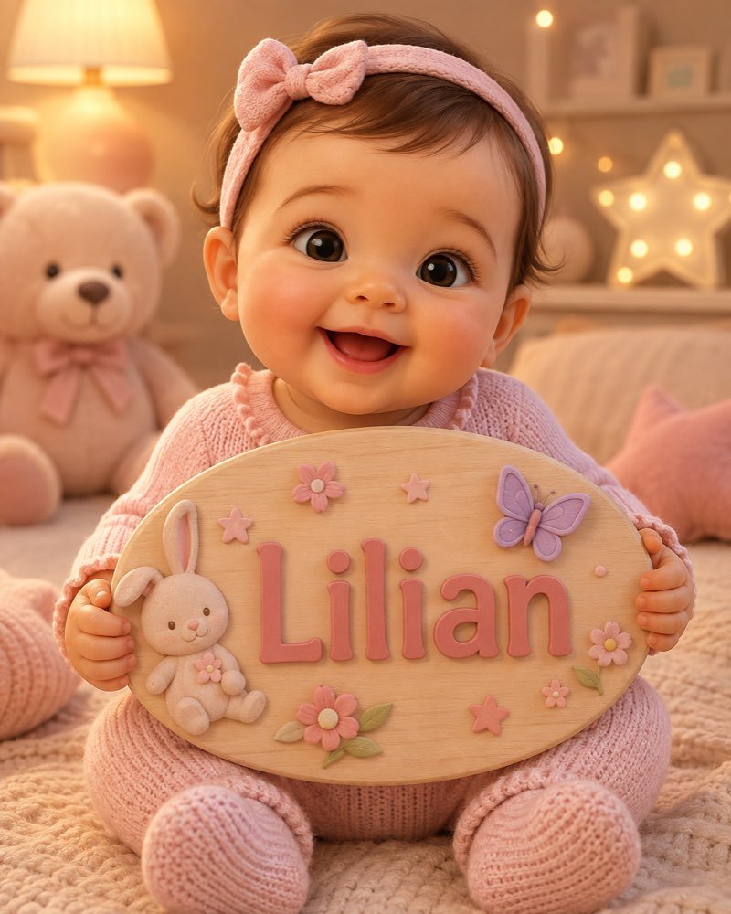 Ilustração de bebê segurando plaquinha com o nome Lilian