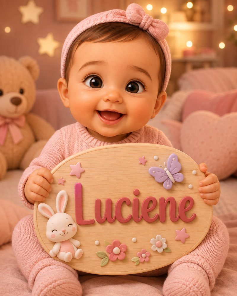 Ilustração de bebê segurando plaquinha com o nome Luciene