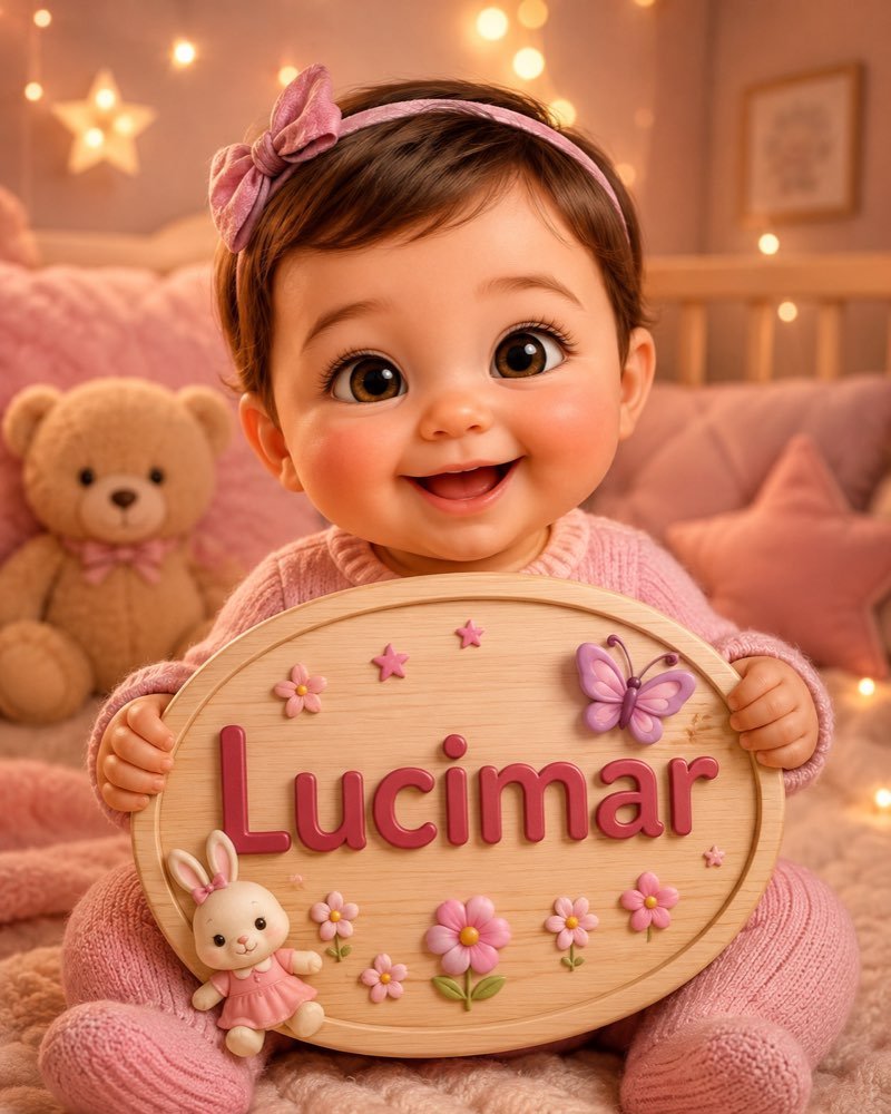 Ilustração de bebê segurando plaquinha com o nome Lucimar