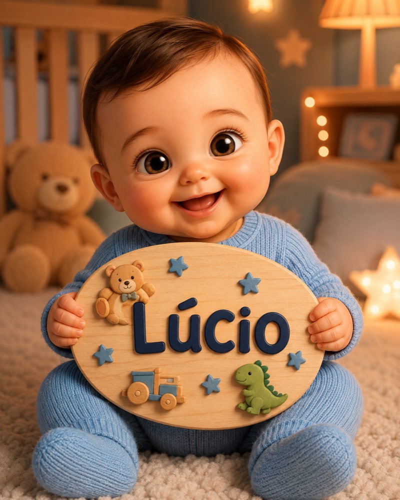 Ilustração de bebê segurando plaquinha com o nome Lúcio