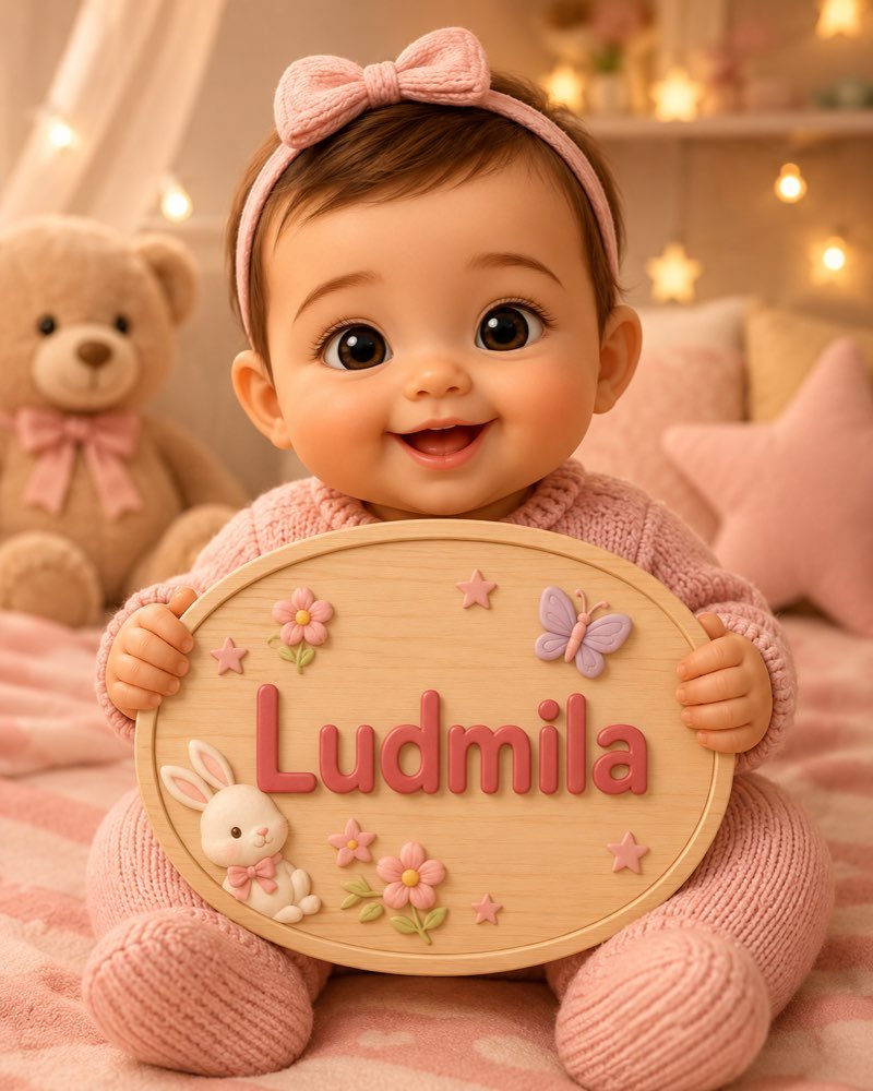 Ilustração de bebê segurando plaquinha com o nome Ludmila