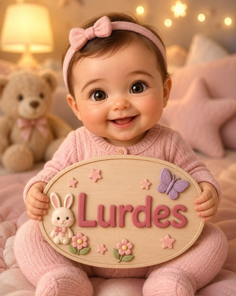 Ilustração de bebê segurando plaquinha com o nome Lurdes