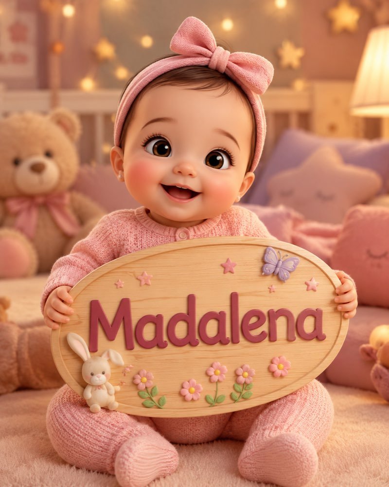 Ilustração de bebê segurando plaquinha com o nome Madalena