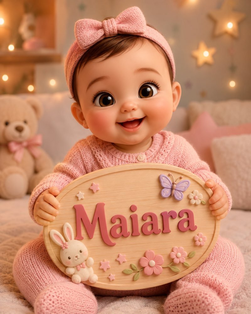 Ilustração de bebê segurando plaquinha com o nome Maiara