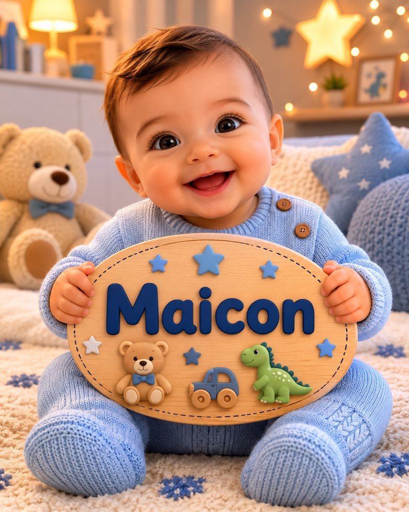 Ilustração de bebê segurando plaquinha com o nome Maicon