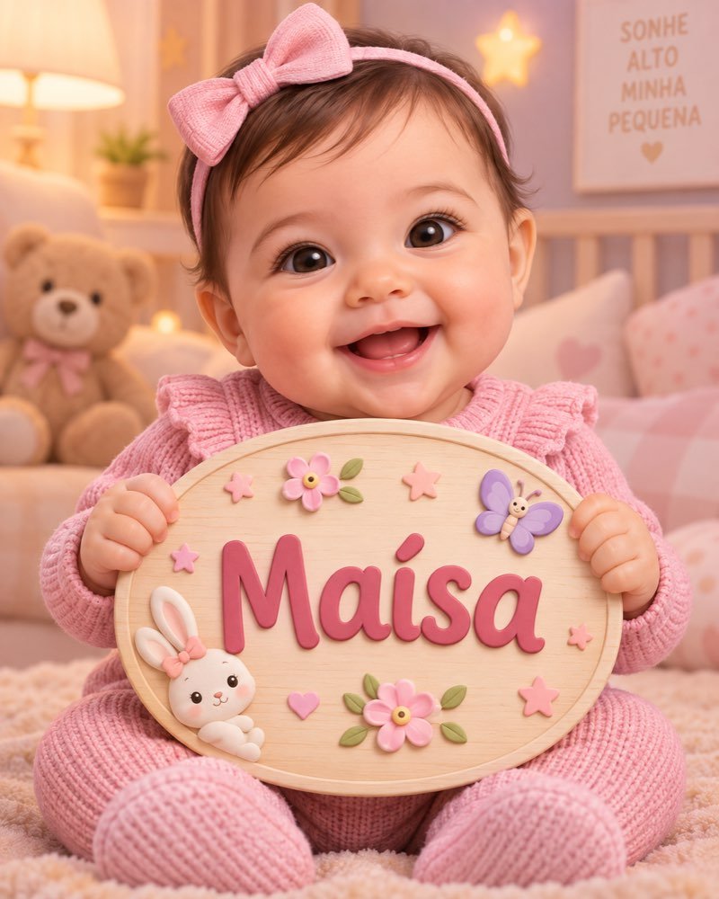 Ilustração de bebê segurando plaquinha com o nome Maísa