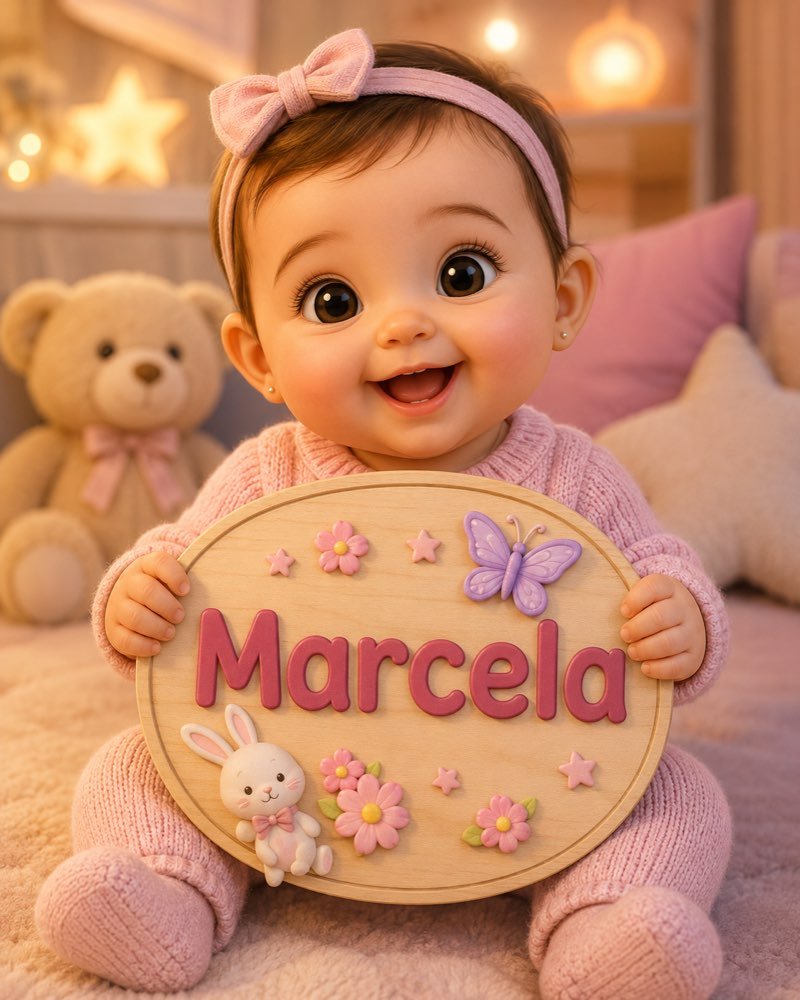 Ilustração de bebê segurando plaquinha com o nome Marcela