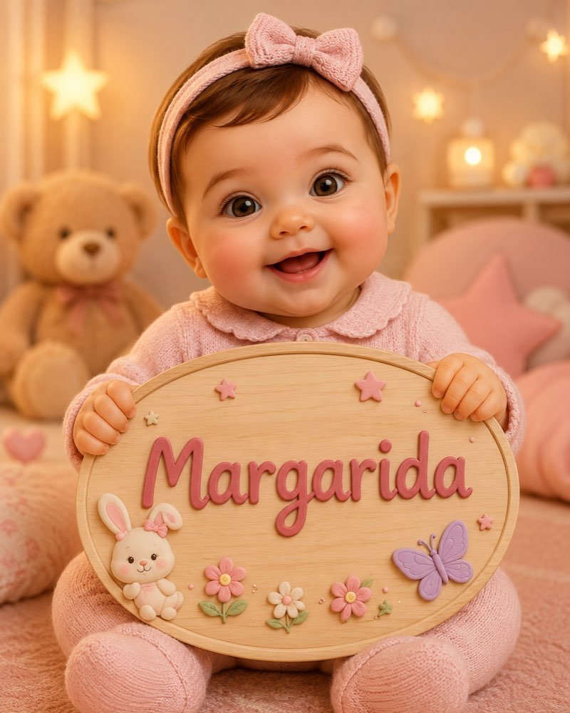Ilustração de bebê segurando plaquinha com o nome Margarida