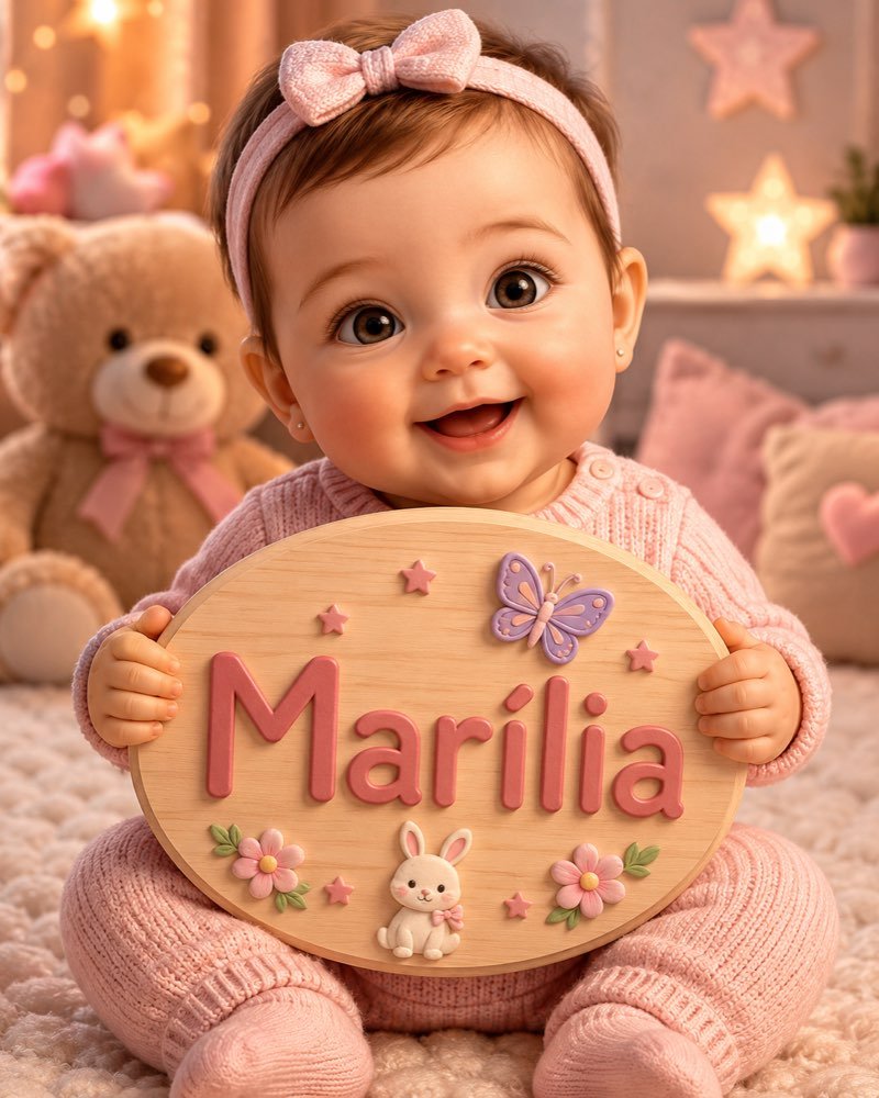 Ilustração de bebê segurando plaquinha com o nome Marília