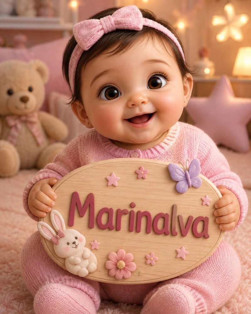 Ilustração de bebê segurando plaquinha com o nome Marinalva