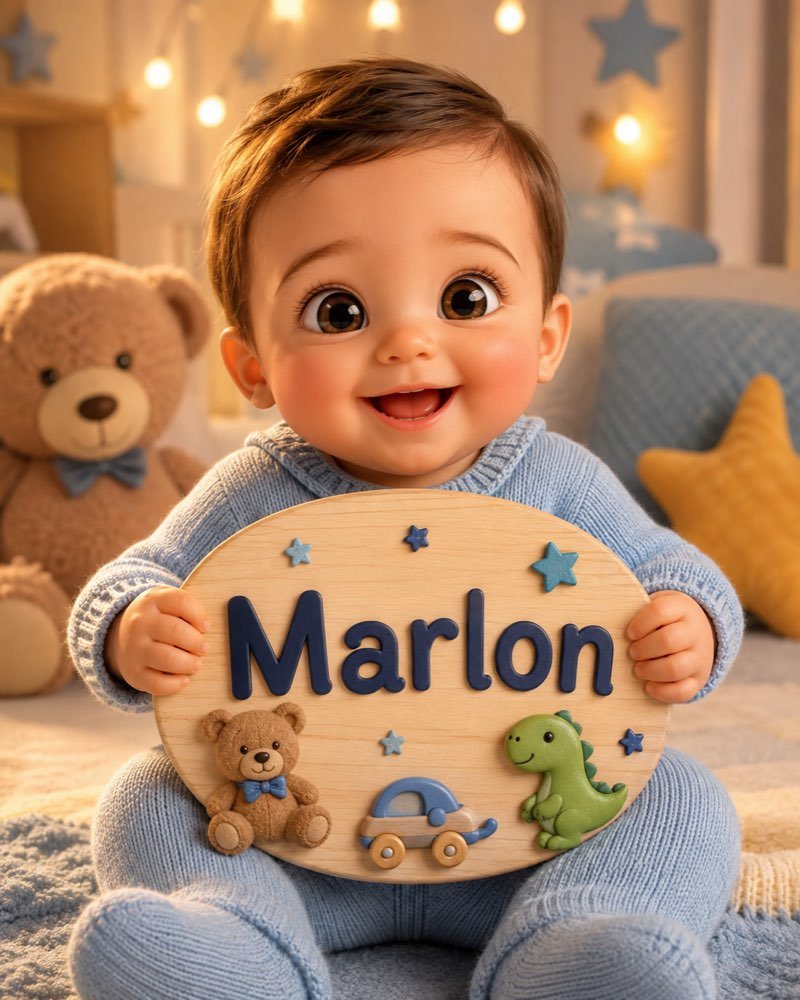 Ilustração de bebê segurando plaquinha com o nome Marlon