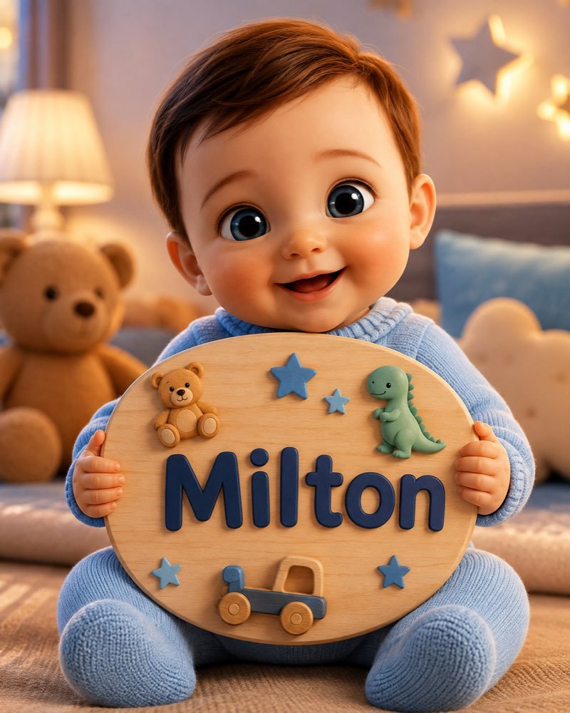 Ilustração de bebê segurando plaquinha com o nome Milton