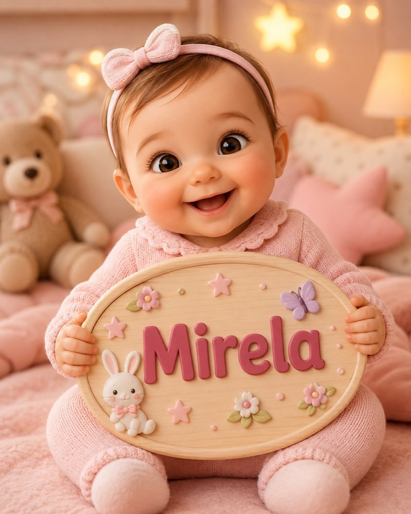 Ilustração de bebê segurando plaquinha com o nome Mirela