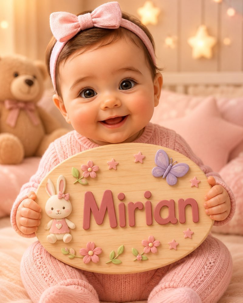 Ilustração de bebê segurando plaquinha com o nome Mirian