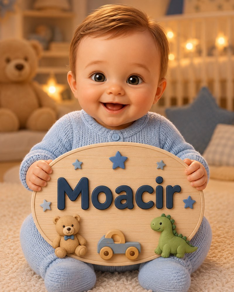 Ilustração de bebê segurando plaquinha com o nome Moacir