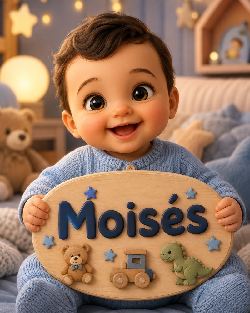 Ilustração de bebê segurando plaquinha com o nome Moisés
