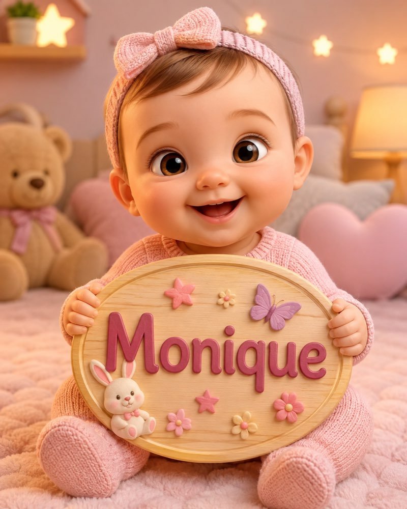 Ilustração de bebê segurando plaquinha com o nome Monique