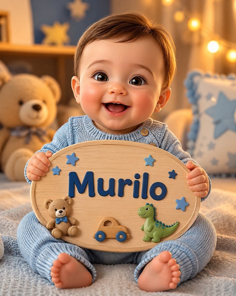 Ilustração de bebê segurando plaquinha com o nome Murilo