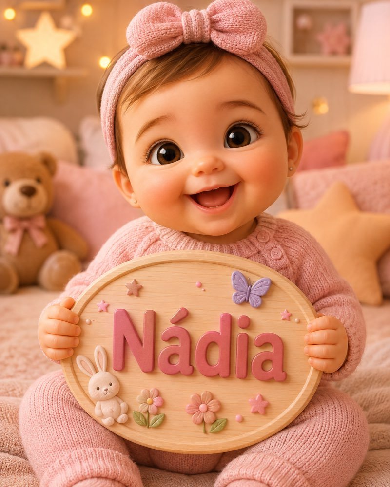 Ilustração de bebê segurando plaquinha com o nome Nádia