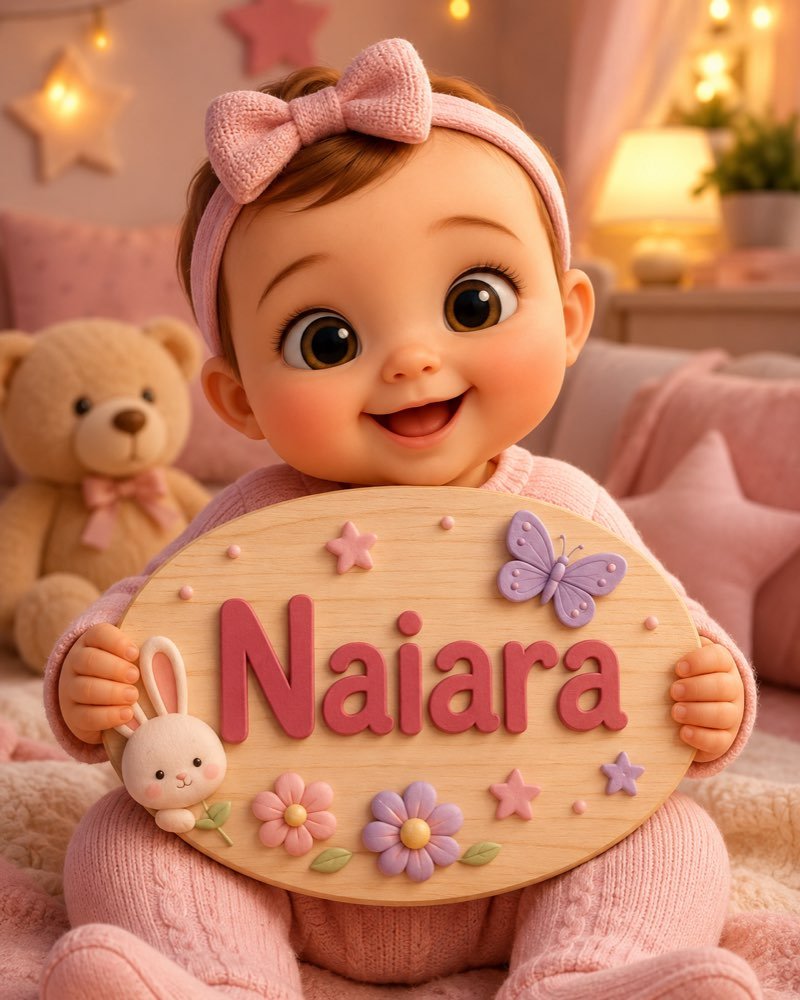 Ilustração de bebê segurando plaquinha com o nome Naiara