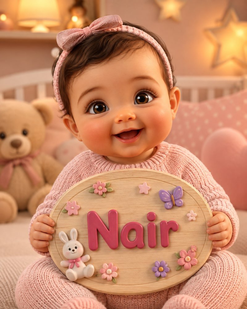Ilustração de bebê segurando plaquinha com o nome Nair