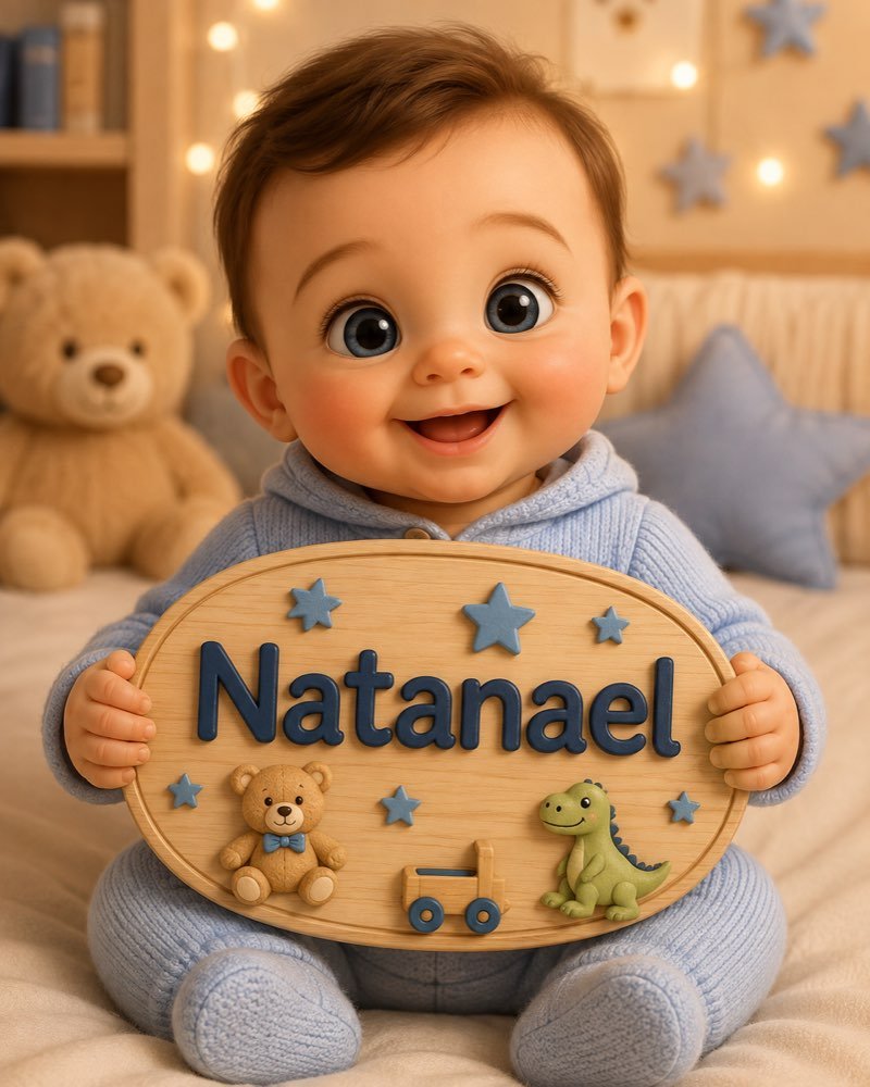 Ilustração de bebê segurando plaquinha com o nome Natanael