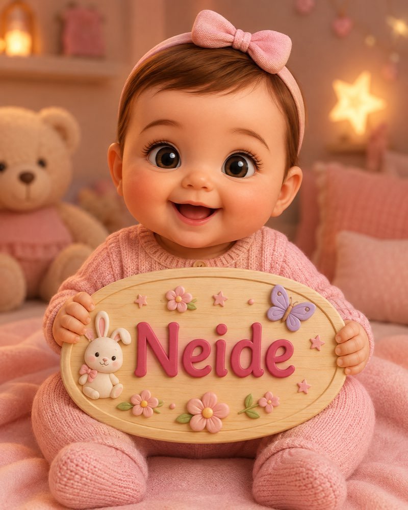 Ilustração de bebê segurando plaquinha com o nome Neide