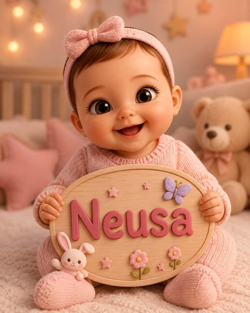 Ilustração de bebê segurando plaquinha com o nome Neusa