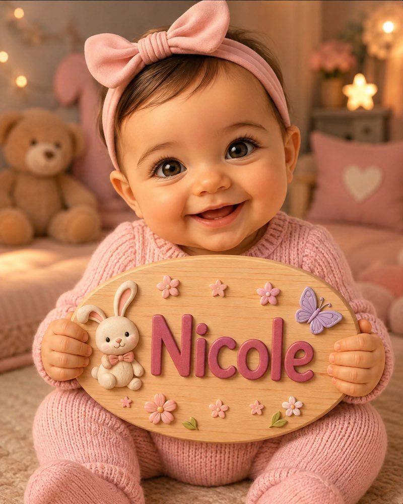 Ilustração de bebê segurando plaquinha com o nome Nicole