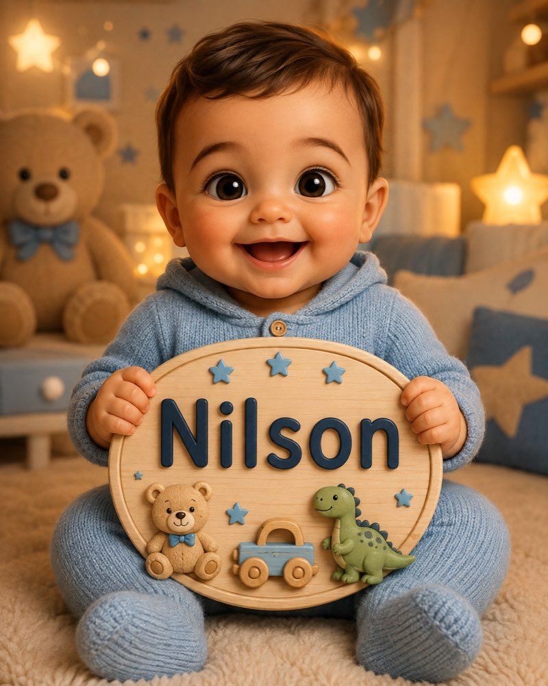 Ilustração de bebê segurando plaquinha com o nome Nilson
