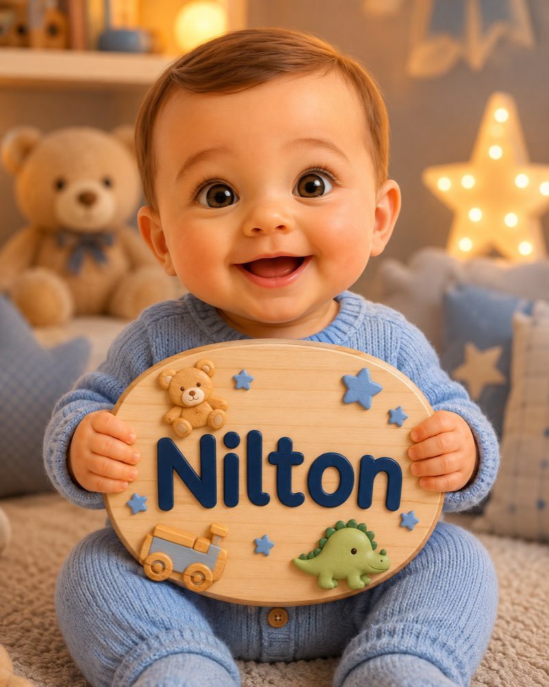 Ilustração de bebê segurando plaquinha com o nome Nilton