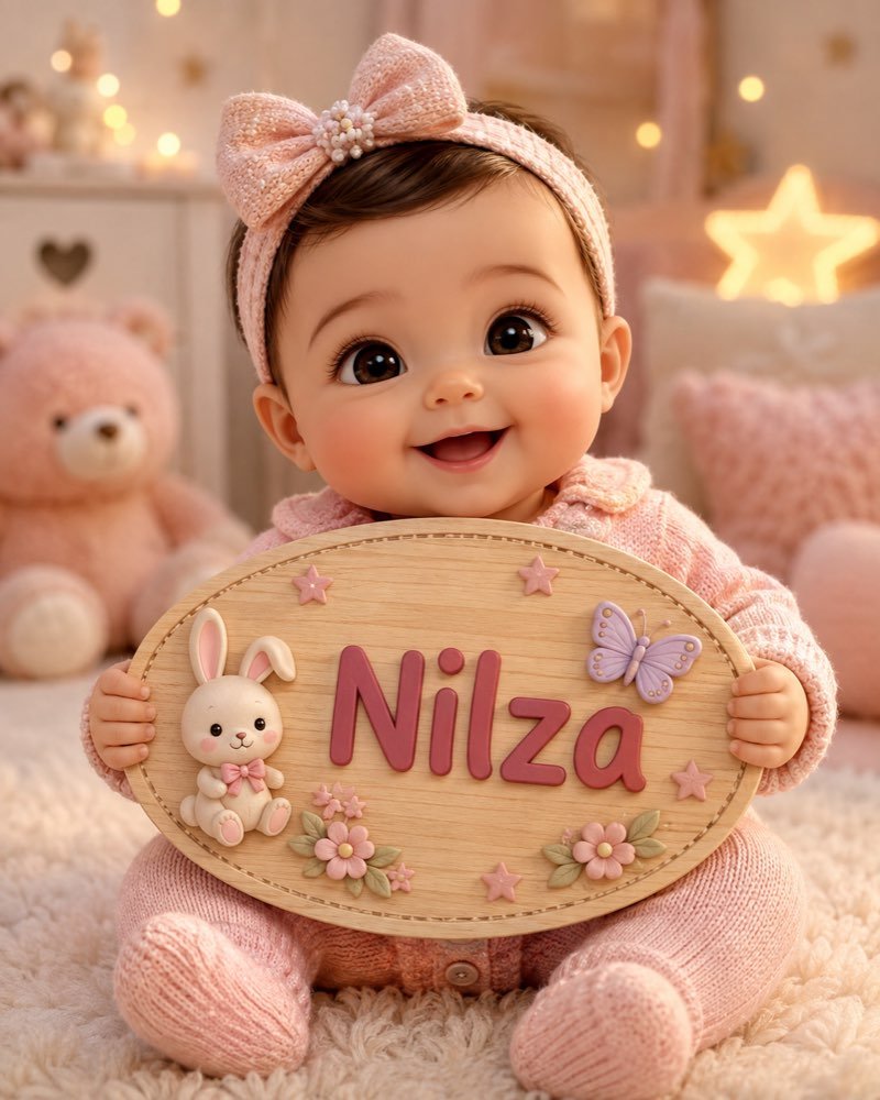 Ilustração de bebê segurando plaquinha com o nome Nilza