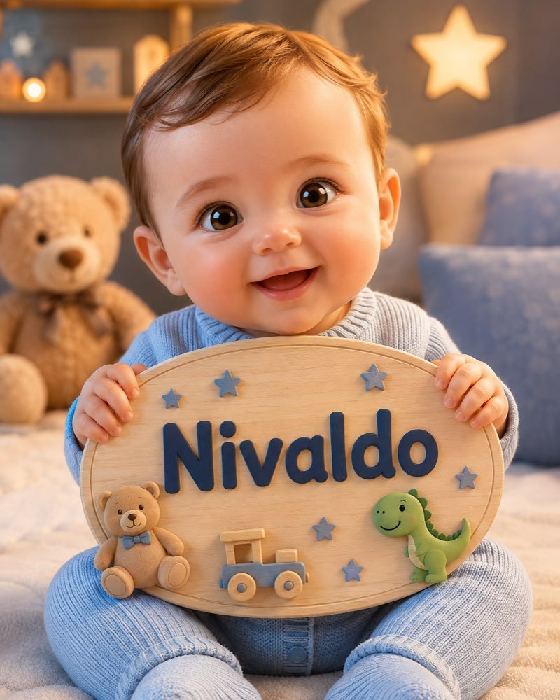 Ilustração de bebê segurando plaquinha com o nome Nivaldo