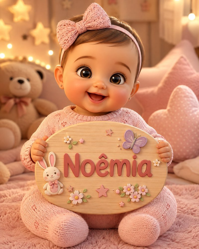 Ilustração de bebê segurando plaquinha com o nome Noêmia