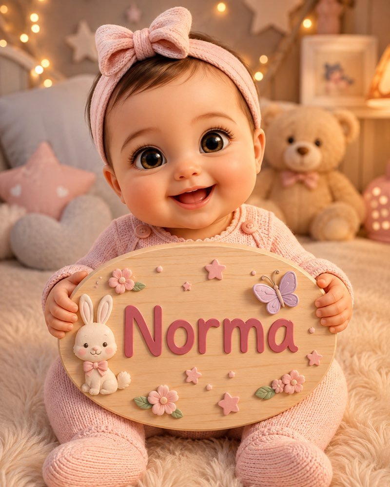 Ilustração de bebê segurando plaquinha com o nome Norma