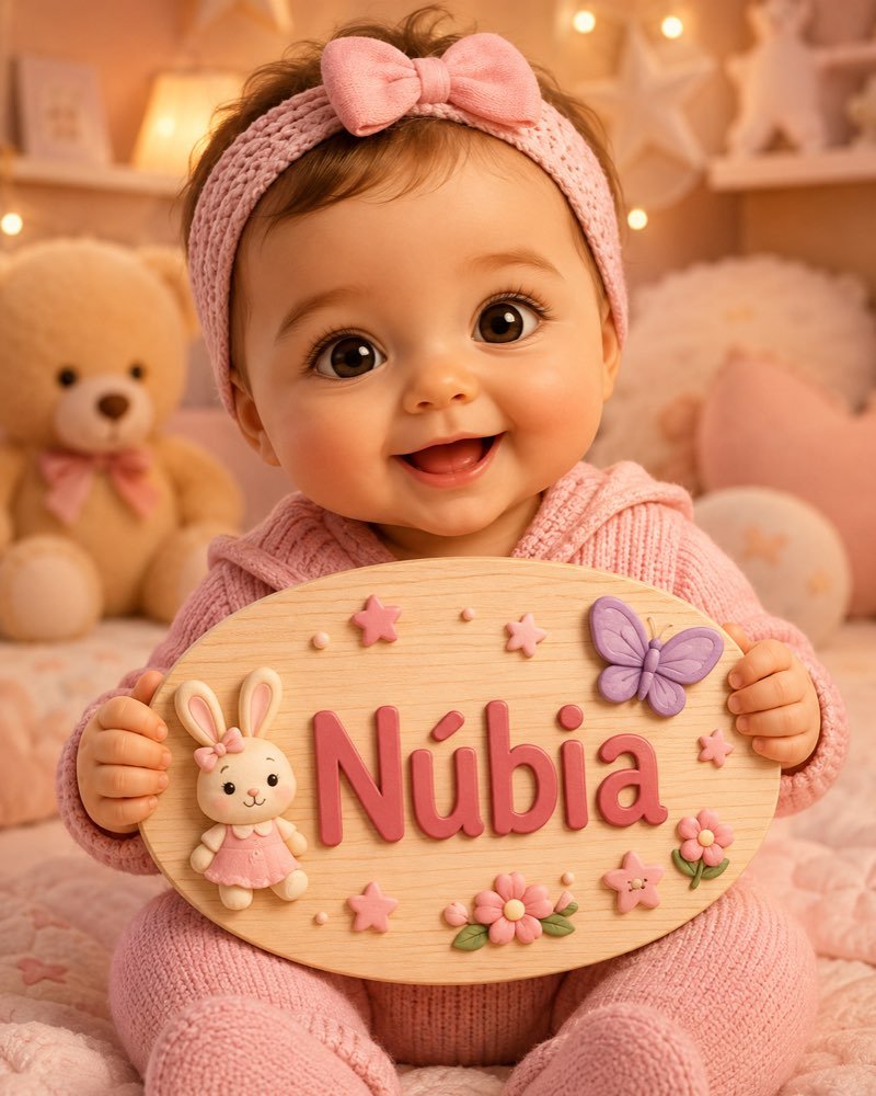 Ilustração de bebê segurando plaquinha com o nome Núbia