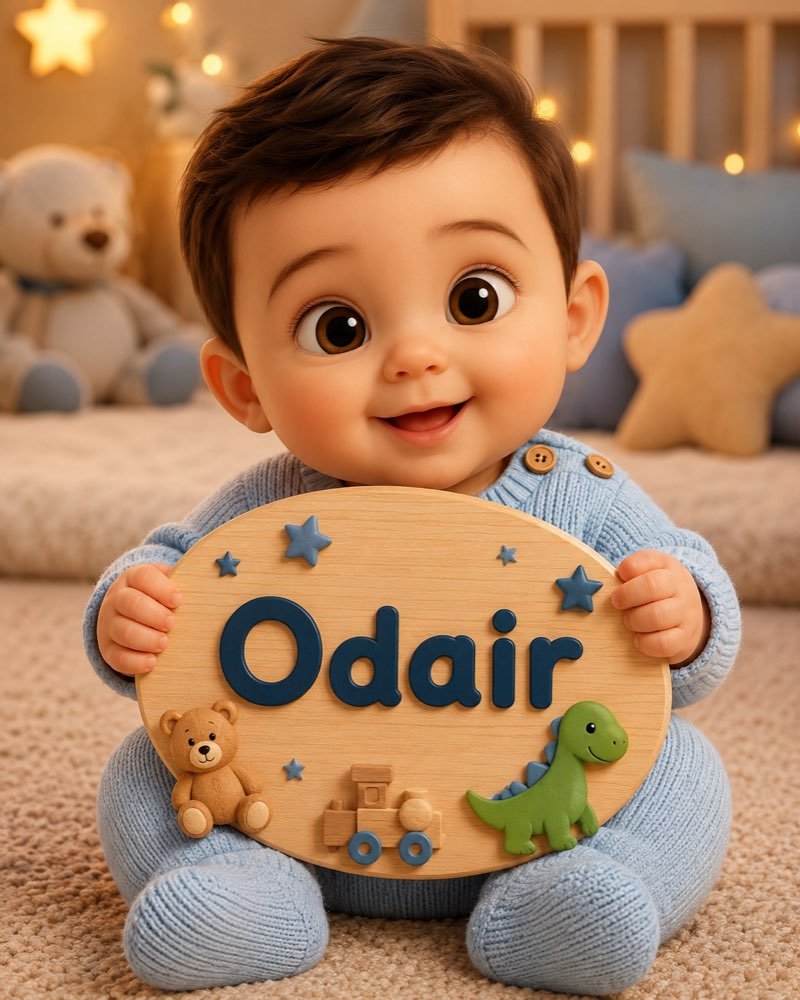 Ilustração de bebê segurando plaquinha com o nome Odair