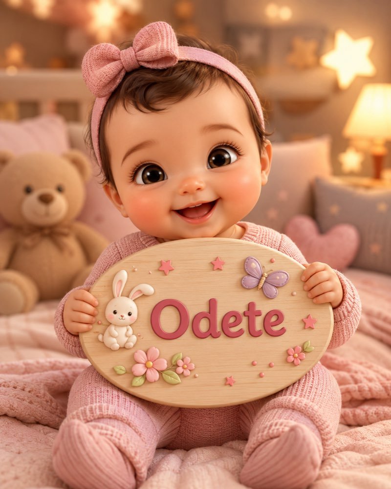 Ilustração de bebê segurando plaquinha com o nome Odete