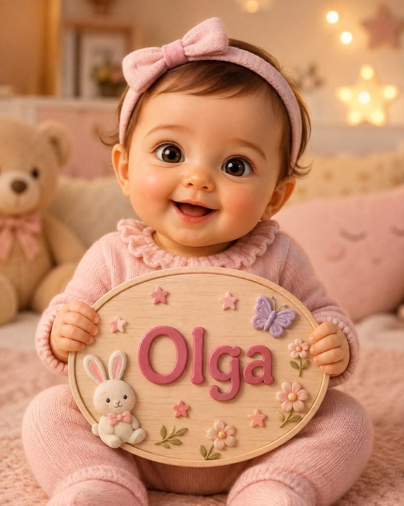 Ilustração de bebê segurando plaquinha com o nome Olga
