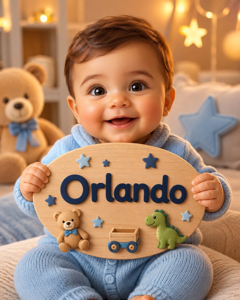 Ilustração de bebê segurando plaquinha com o nome Orlando