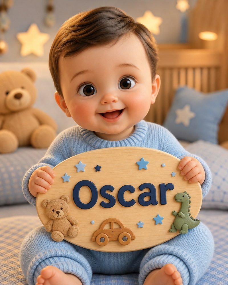 Ilustração de bebê segurando plaquinha com o nome Oscar