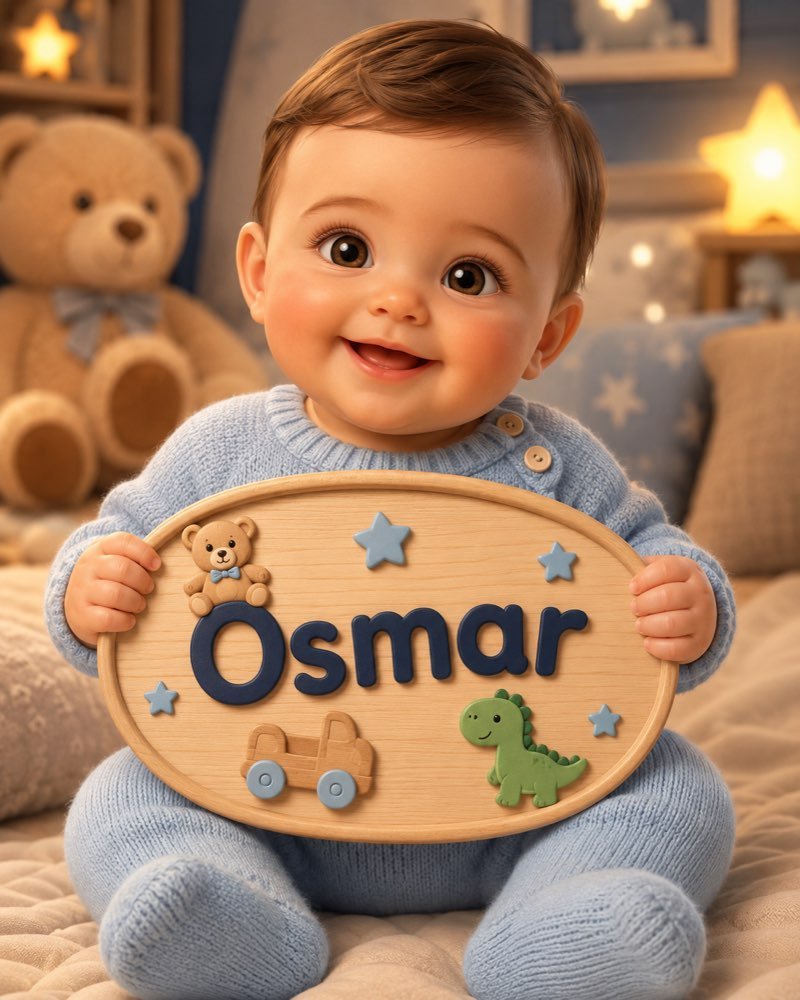 Ilustração de bebê segurando plaquinha com o nome Osmar