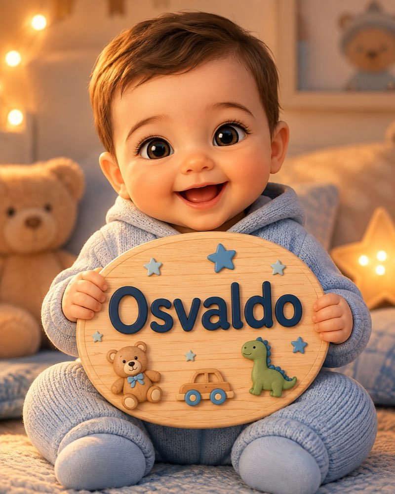 Ilustração de bebê segurando plaquinha com o nome Osvaldo
