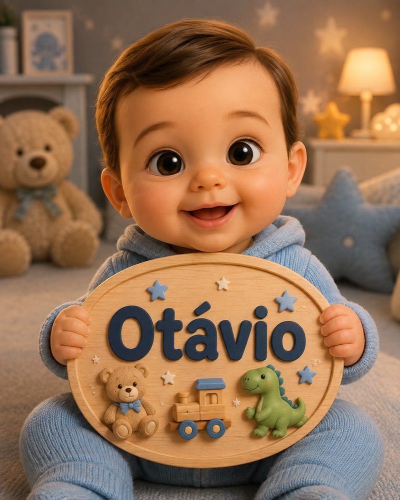 Ilustração de bebê segurando plaquinha com o nome Otávio