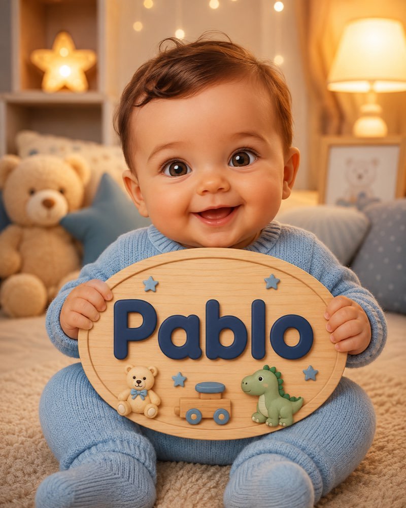 Ilustração de bebê segurando plaquinha com o nome Pablo