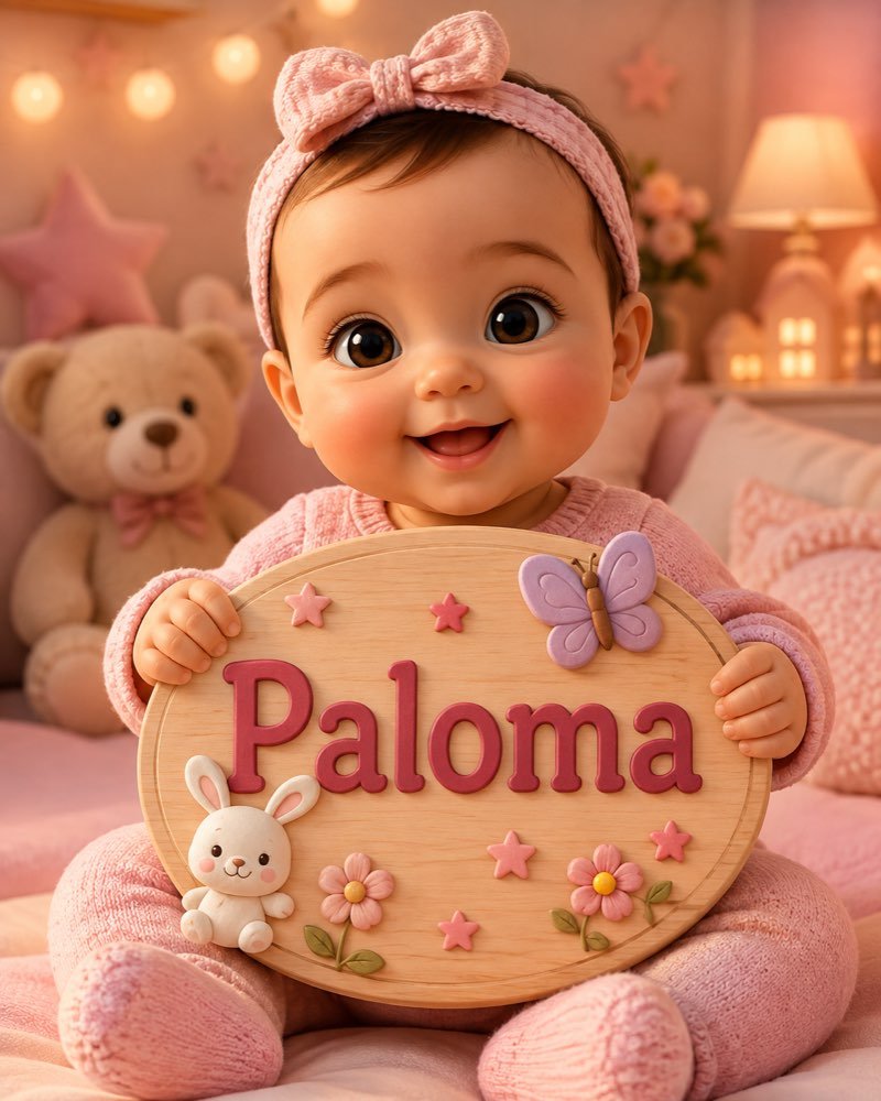 Ilustração de bebê segurando plaquinha com o nome Paloma