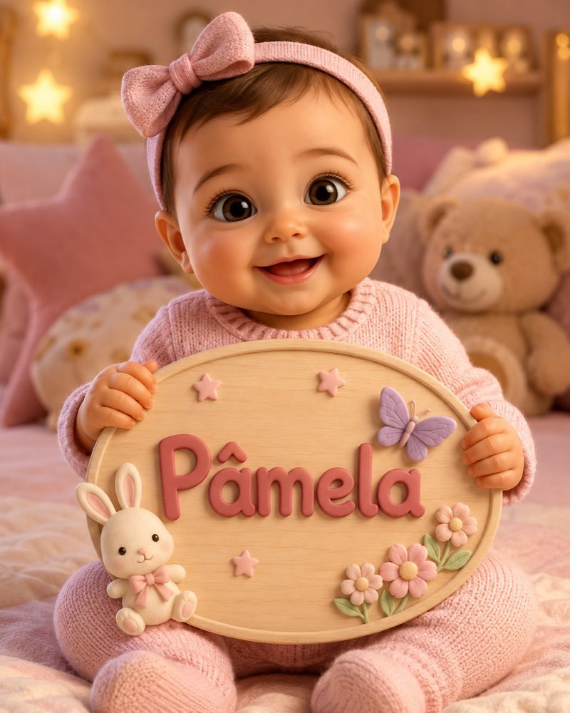 Ilustração de bebê segurando plaquinha com o nome Pâmela