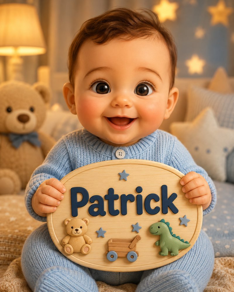 Ilustração de bebê segurando plaquinha com o nome Patrick